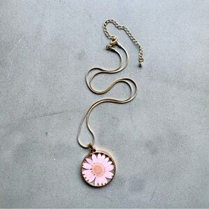 Handmade Dried Pink Daisy Gold Pendant Necklace